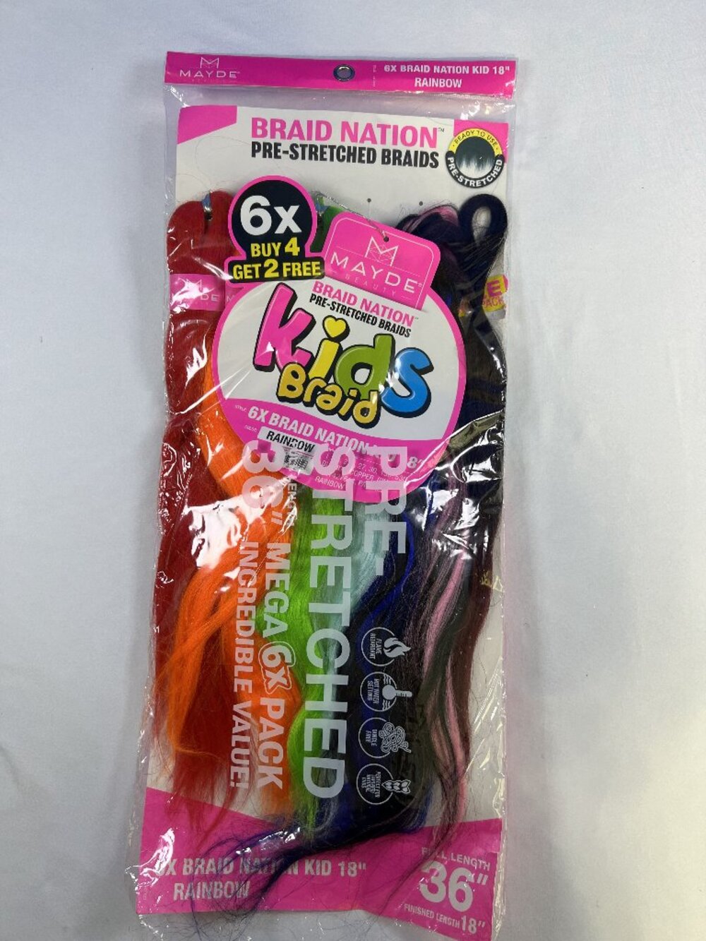 Mayde Beauty 6X Braid Nation Kid 18" Pre-Stretched Braids in the vibrant "Rainbo